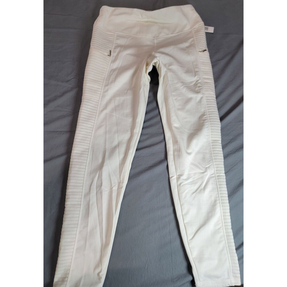 Tahari Sport Women’s White Jogger Pants Size L Ribbed Panels Zip Pockets Stretch